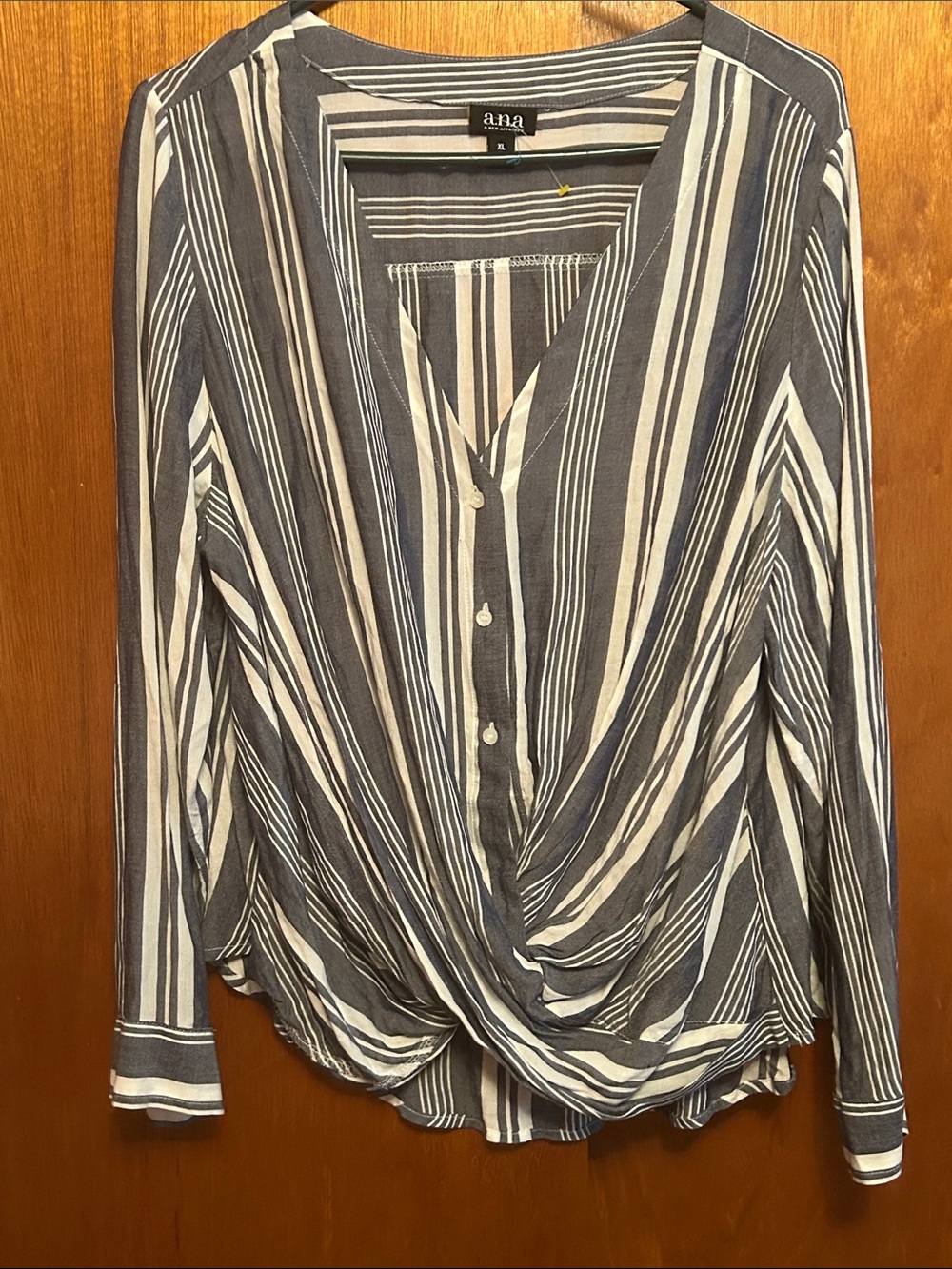 a.n.a Navy and White Striped Twist-Front Button Down Shirt